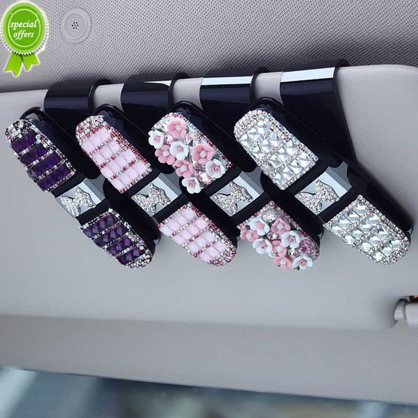 

new diamond flowers car glasses case bling rhinestone auto sun visor sunglasses clip card ticket holder pen case clip box universal