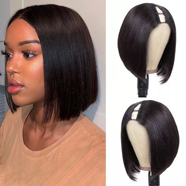 

v part wig short bob straight wig human hair minimal leave out upgrade u part human hair wigs for black women glueless natural, Black;brown