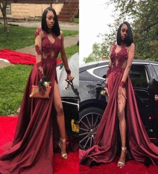

split burgundy long sleeve evening dresses illusion sheer lace saudi arabia african 2018 party prom dresses pageant gown robe2373760, Black;red