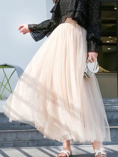 

dresses 3 layers tulle skirts women elastic high waist pleated skirt casual elegant mesh tutu skirt loose ball gown aline long dress, White;black