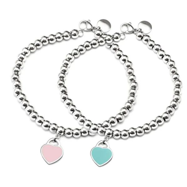 

tiffan charm bracelets blue heart beads bracelet bangle stainless steel pink red pendant brand tif design women elegant jewelry gift braccia, Golden;silver