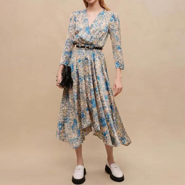 

2023 designer dresses, robes, long sleeves, fashionable style, retro print, v-neck, waistband, french dress, female, Black;gray