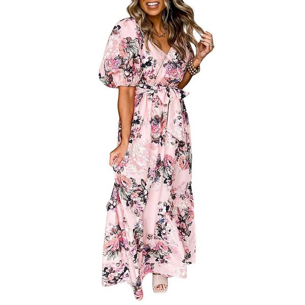 

boho clothing summer dresses floral puff sleeve high waist maxi dress, White