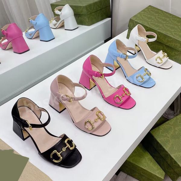 

designer women embroidery sandals summer high heeled party leather work shoes heels 7.5cm lady metal double buckle belt buckle size 34-41 wi, Black