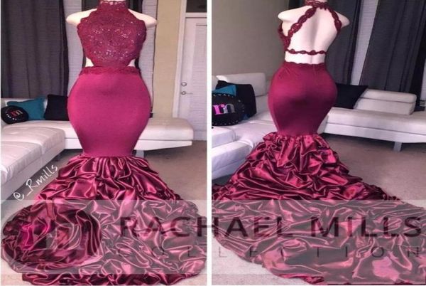 

2018 new mermaid prom dresses 2k18 high neck illusion lace appliques beaded satin tiered ruffles backless evening dress party form9923534, Black