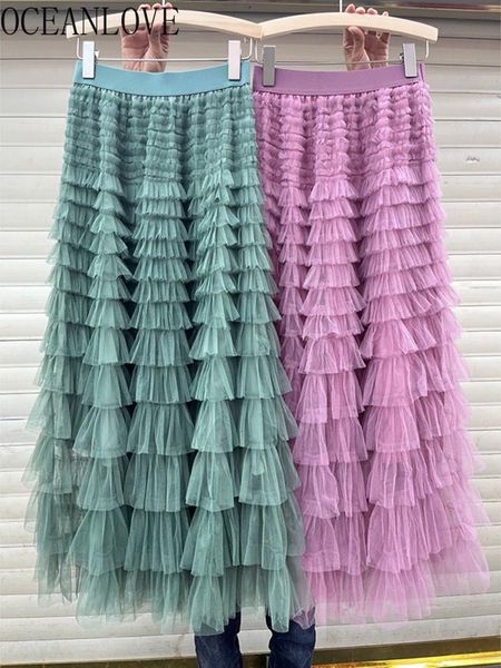 

dresses oceanlove cascading ruffles skirts women solid aline high waist sweet spring summer faldas korean elegant jupe femme mesh, Black;gray