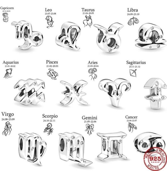 

genuine 925 sterling silver 12 constellation zodiac diy beads fit pandora bracelet charms jewelry women fashion luxury gift3076620, Black