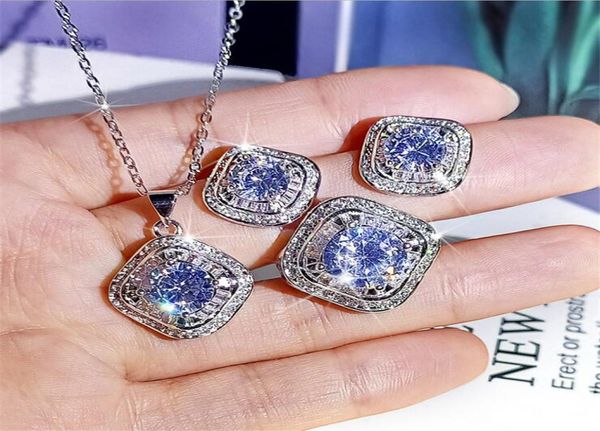 

sparkling live luxury jewelry set 925 sterling silver round cut moissanite cz diamond gemstones ring necklace stud earring for lov9466004, Slivery;golden