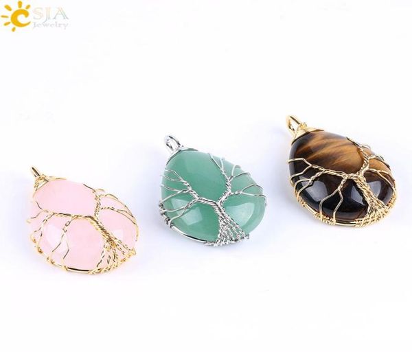 

csja gold silver wire wrap tree of life jewelry pink crystal tiger eye green aventurine natural stone necklace water drop pendan7467273