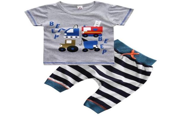 

new summer baby boys clothes set cartoon cars short sleeve cotton tshirt stripe pants 2pcs kids set children outfits w0732731224764, White