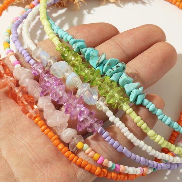 

colorful seed beads chocker boho rainbow bead necklace natural gemstone turquoise amethyst raw stone necklaces summer beach travel2075593, Silver