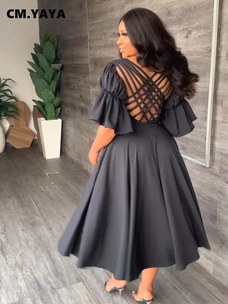 

dresses cm.yaya vintage women fashion criss cross open back lantern half sleeve vneck big swing high slit dress 2023 ins basic dresses, Black;gray