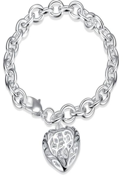 

link chain 925 silver hollow heart pendant charm bracelet woman fashion jewelry valentine039s day gift low 4151249, Black