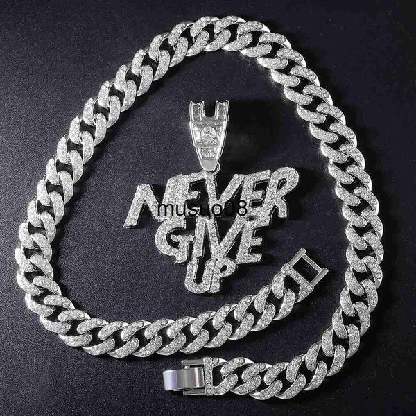 

pendant necklaces men women hip hop crystal letter never give up pendant necklace iced out bling rhinestone 13mm cuban link chain necklaces, Silver