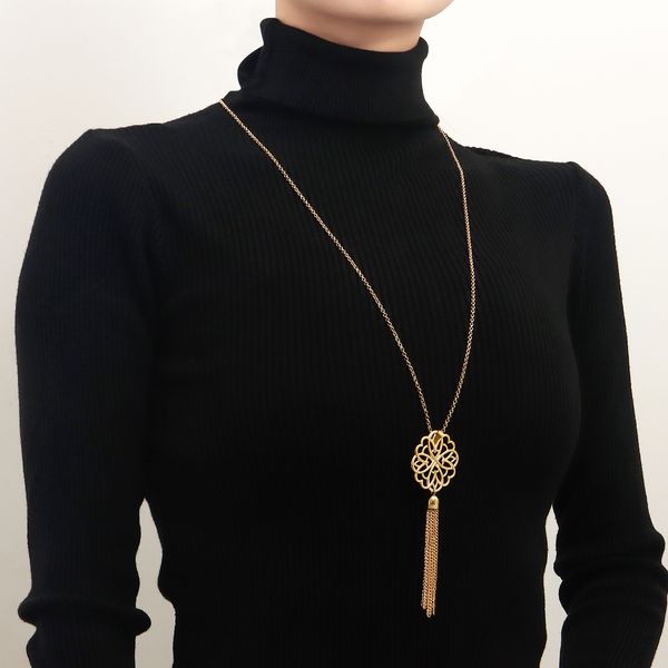 

ins hollowed out lotus tassels long necklace sweater chain women simple new autumn and winter accessories minimalism style jewelry for every, Silver