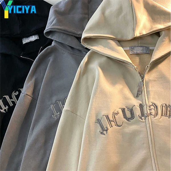 

yiciya men's hoodies sweatshirts retro embroidered zip up sweatshirt harajuku 2021 plus size hoodies korean style loose lovers letter, Black