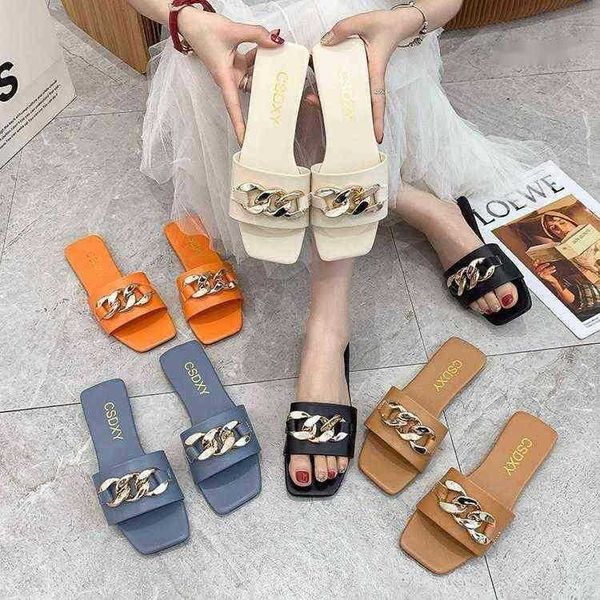

slipper cute women summer square neu chain brief on flat slide sandal beach casual shoe lady big size 220622, Black