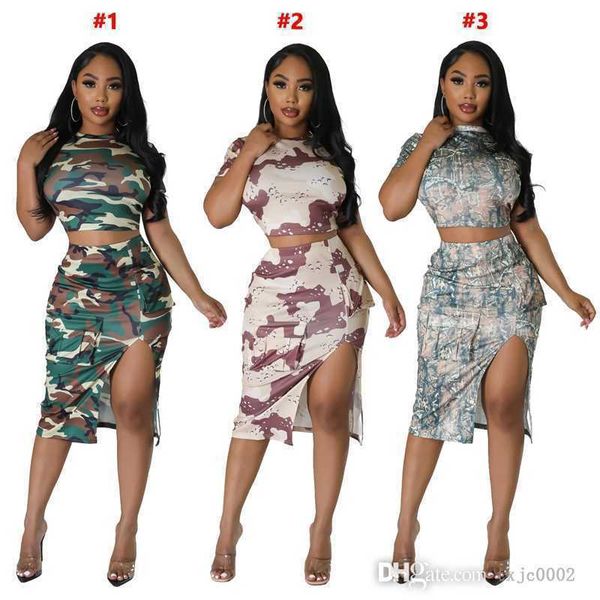 

summer women two pieces dress suit designer 2023 new street trend camouflage printed split short sleeved bag buttocks skirt set, White