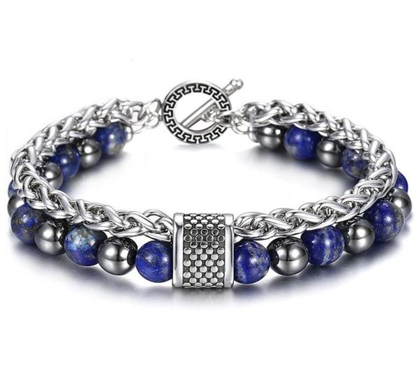 

8mm double layers stone beaded bracelet for men boys lapis lazuli hemitate metal lava stone stainless steel cable chain tbx00109 y4616904, Black