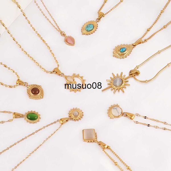 

pendant necklaces 316l stainless steel necklaces for women natural stone necklace gold color geometry pendant chain choker necklace jewelry, Silver