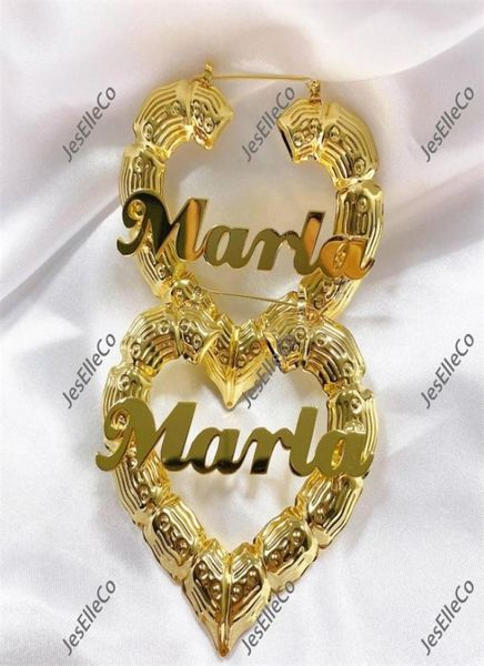 

70mm custom earrings love shape hiphop bamboo hoop earrings customizable customize name earrings bamboo style 2009238028486, Golden;silver