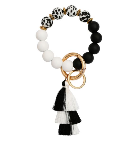 

fashionable and high-end silicone bracelet keychain, with a human silk tassel wrist keyring, Silver