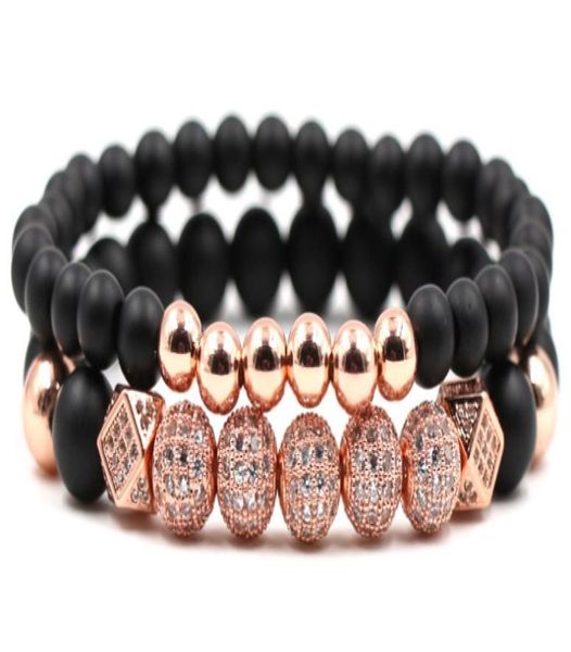 

8mm 2pcsset yj43 elastic adjusted nature frosted agate onyx bead micro pave cz zircon cubic zirconia copper bangles bracelet2787960, Black