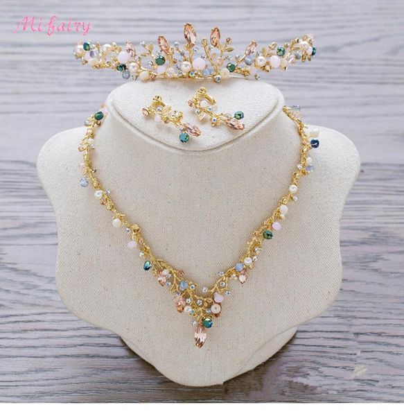 

vintage baroque bridal tiaras sets gold colorful crystals princess headwear stunning wedding tiaras earrings 2 pieces sets 13531001192, Slivery;golden