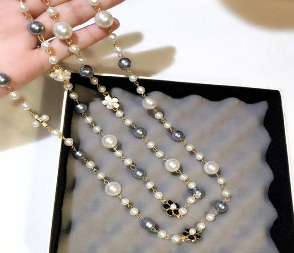 

whole luxury designer classic style elegant flowers colorful pearls long chain double layer sweater statement necklace for wo3258787, Black