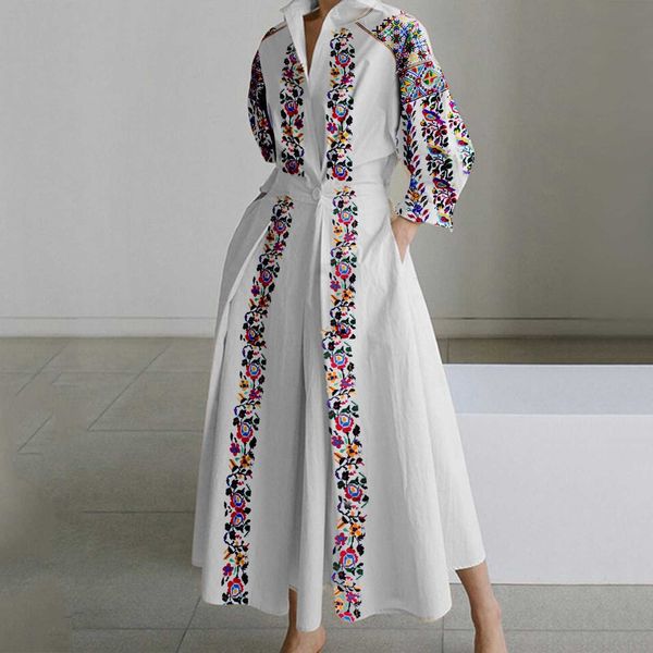 

chic midi shirts dress womens flower print pockets dresses vintage ladies button turndown slim waist belt a-line elegant dress, Black;gray