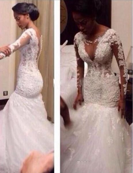 

mermaid see through lace bridal gowns vintage arabic wedding dress 2017 long sleeves bride dress 894727, White