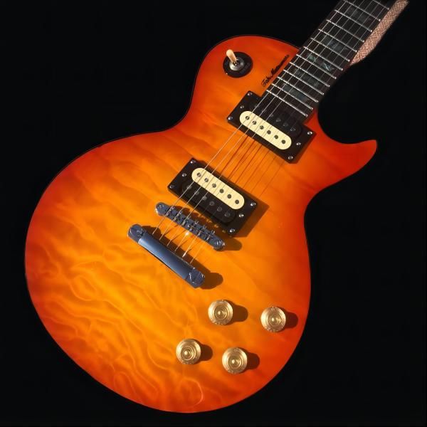 

electric guitar, rosewood fingerboard, one piece of body and neck, frets binding, tune-o-matic bridge, chrome hardware, cherry burst color,