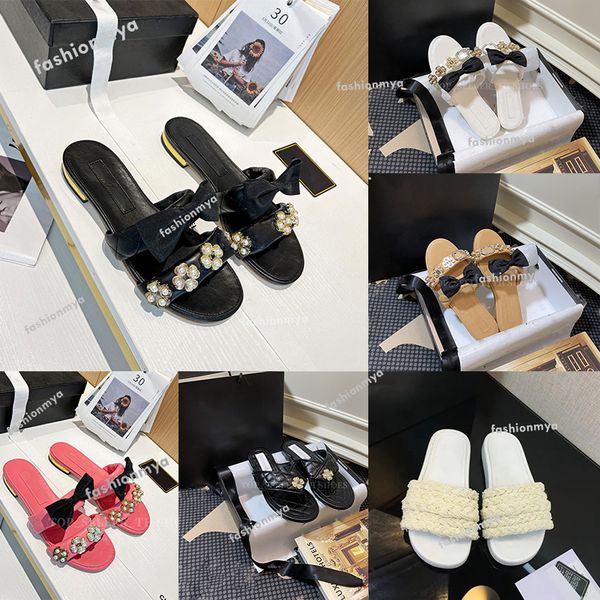 

designer slipper bowtie sandal women lambskin slipper black bow pearl diamond buckle slides sandals flat heel slippers