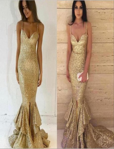 

mermaid prom dresses 2019 gold spaghetti straps draped ruffles formal evening dress sweetheart sequined celebrity african gowns4656177996, Black