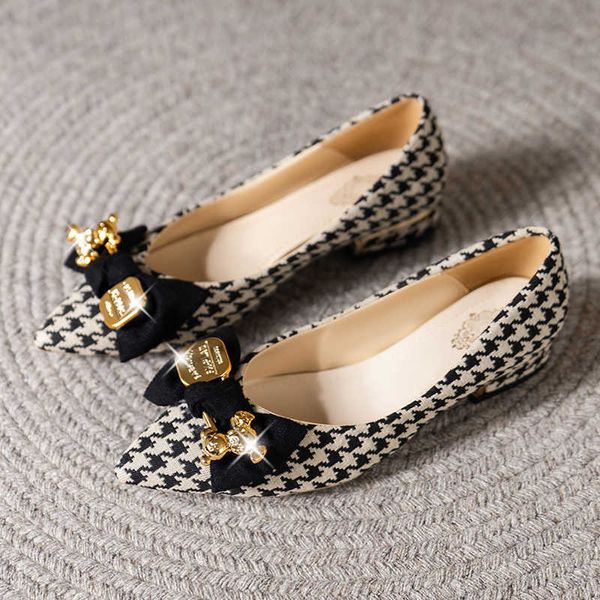 

sandals new thick heel shoes women's autumn all-match pointed toe flat houndstooth bow shallow mouth medium 230417, Black