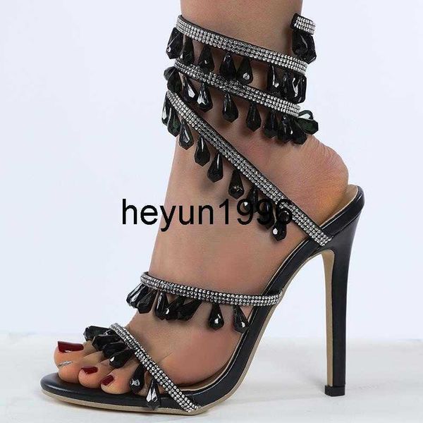 

2023 new women's shoe rhinestone tassel pendant slim high heel wrapped sandals, Black