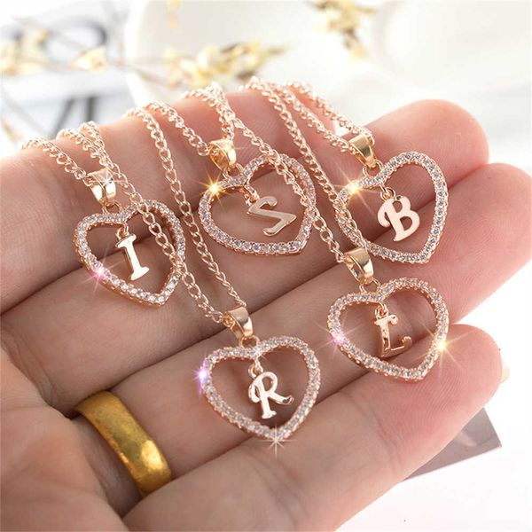 

pendant necklaces heart shaped rhinestone 26 initials necklace for women a-z letter clavicle chain valentine's day gift jewelry accesso, Silver
