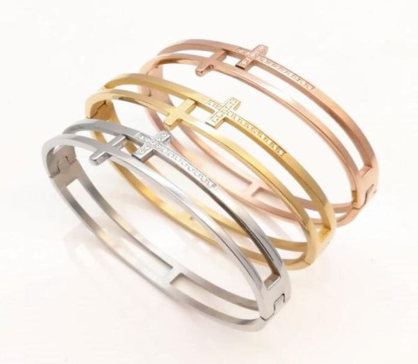 

double cross punk bracelet women fashion brand jewelry stainless steel bracelets bangles cuff pave setting crystal bracelet5023042, Black