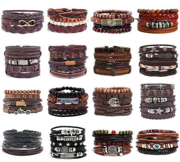 

new bracelet set braided wrap leather bracelets for men vintage life tree letter charm wood beads ethnic tribal wristbands4362967, Golden;silver