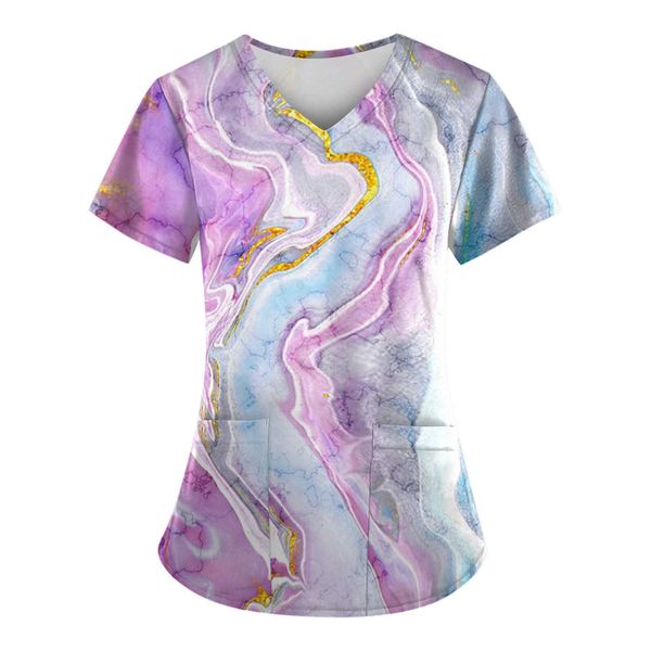 

women nurse uniform short sleeve v neck working blouse with pockets button down shirt summer lab overalls scrubs nursing uniform, Red