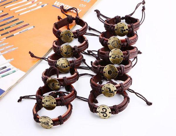 

12 constellations leo sagittarius leather bracelets women vintage wrap zodiac scorpio capricorn leather bracelet for men jewelry p6303190, Golden;silver