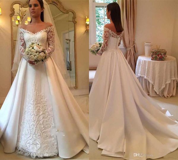 

off the shoulder modern a line white wedding dresses with illusion long sleeves lace appliques bridal gowns back buttons wedd9243702