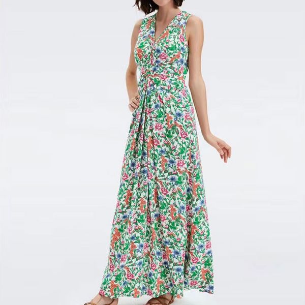 

2023 designer dress, robe, beach vacation style tea break, french style dress, waist wrapped green floral dress, Black;gray