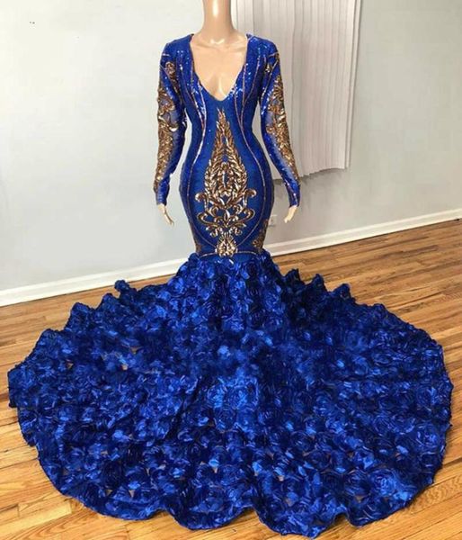 

royal blue mermaid evening dresses gold appliques v neck long sleeve prom dress 3d hand made flowers fornal party gowns4576519, Black;red