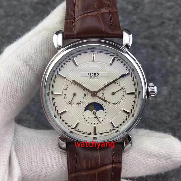 

designer men's mechanical watch fashion new brown black leather fully automatic winding movement 40mm size sp, Slivery;golden