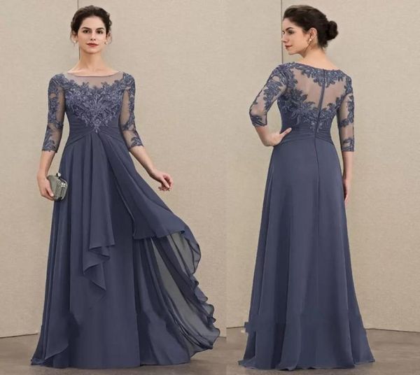 

2022 elegant navy aline scoop neck floorlength chiffon lace mother of the bride dresses with cascading ruffles plus size mother 6500050, Black;red