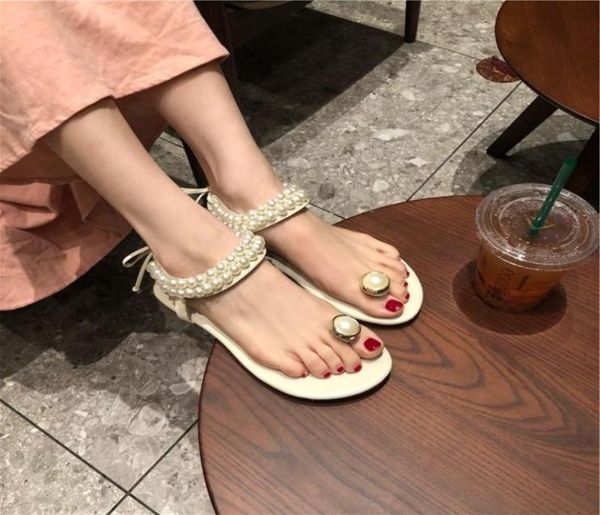 

summer women039s sandals fashion diamond pearl word buckle strap korean flat bottom wild casual beach shoes specials8121883, Black