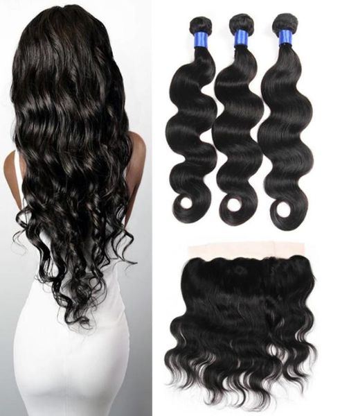 

8a mink peruvian virgin human hair body wave with lace frontal closure 3 bundles with 13x4 ear to ear lace frontal weaves hair6491212, Black;brown