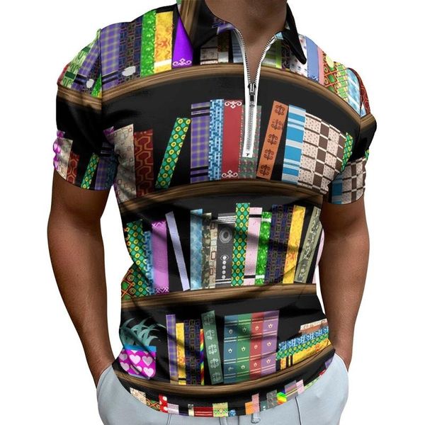 

men's polos books library polo shirts bookshelf print casual shirt summer streetwear mens short sleeve turn-down collar design t-shirts, White;black