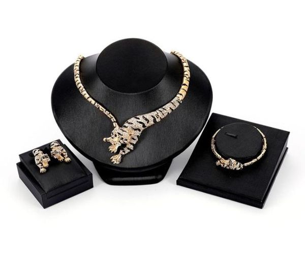 

crystal gold tiger jewelry set woman wedding fashion costume design stud earrings necklace bracelet jewelry sets8352876, Black